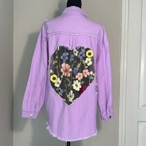 Thread Nectar Sheer Back Heart Floral Embroidered Denim Shacket Handmade Cottage